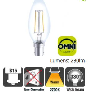 Integral Candle Full Glass Omni-Lamp 2W (25W) 2700K 230lm B15 Non-Dimmable