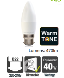 Integral WarmTone Candle 6W (40W) 1800-2700K 470lm B22 Dimmable Lamp.