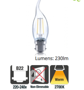 Integral Candle Filament Flame Tip Omni Lamp B22 2W (25W) 2700K 230lm Non-Dimmable