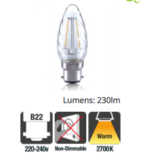 Integral Candle Filament Twisted Omni Lamp B22 2W (25W) 2700K 230lm Non-Dimmable