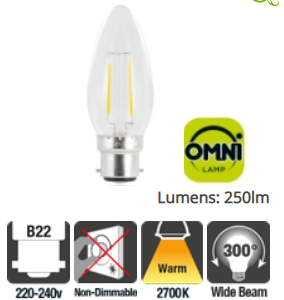 Integral Candle Full Glass Omni-Lamp 2W (25W) 2700K 250lm B22 Non-Dimmable