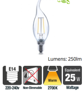 Integtal Candle Filament Flame Tip Omni Lamp E14 2W (25W) 2700K 250lm Non-Dimmable