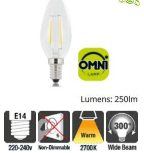 Integral Candle Full Glass Omni-Lamp 2W (25W) 2700K 250lm E14 Non-Dimmable