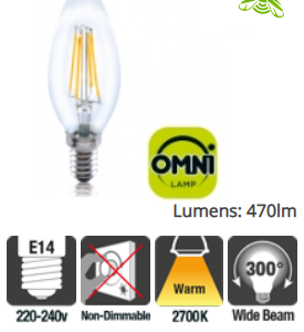 Integral Candle Full Glass Omni-Lamp 4W (36W) 2700K 470lm E14 Non-Dimmable