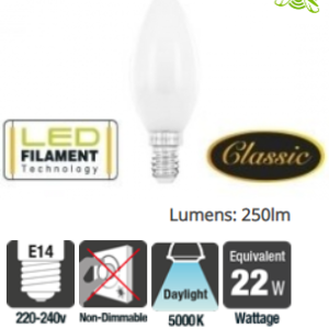 Integral Classic Filament Candle Frosted 2.2W (22W) 5000K 250lm Non-Dimmable