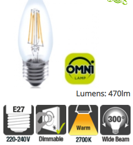 Integral Candle Full Glass Omni-Lamp 4.5W (40W) 2700K 470lm E27 Dimmable