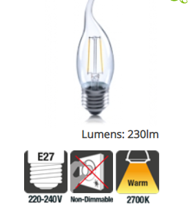 Integral Candle Filament Flame Tip Omni Lamp E27 2W (25W) 2700K 230lm Non-Dimmable