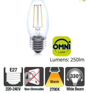 Integral Candle Full Glass Omni-Lamp 2W (25W) 2700K 250lm E27 Non-Dimmable