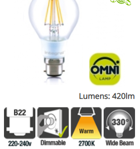 Integral Classic Globe (GLS) Omni-Lamp 4.5W (40W) 2700K 420lm B22 Dimmable