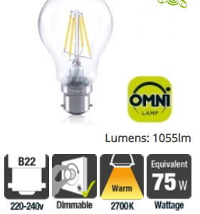 Integral Classic Globe (GLS) Filament Omni-Lamp B22 9W (75W) 2700K 1055lm Dimmable