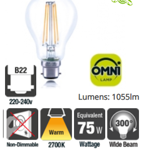 Integral Classic Globe (GLS) Full Glass Omni-Lamp 8.5W (75W) 2700K 1055lm B22 Non-Dimmable