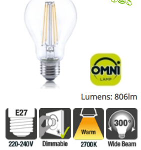 Integral Classic Globe (GLS) Full Glass Omni-Lamp 7W (60W) 2700K 806LM E27 Dimmable