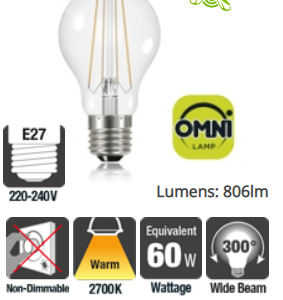 Integral Classic Globe (GLS) Omni-Lamp 6W (60W) 2700K 806lm E27 Non-Dimmable
