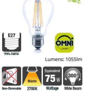 Integral Classic Globe (GLS) Full Glass Omni-Lamp 8.5W (75W) 2700K 1055lm E27 Non-Dimmable